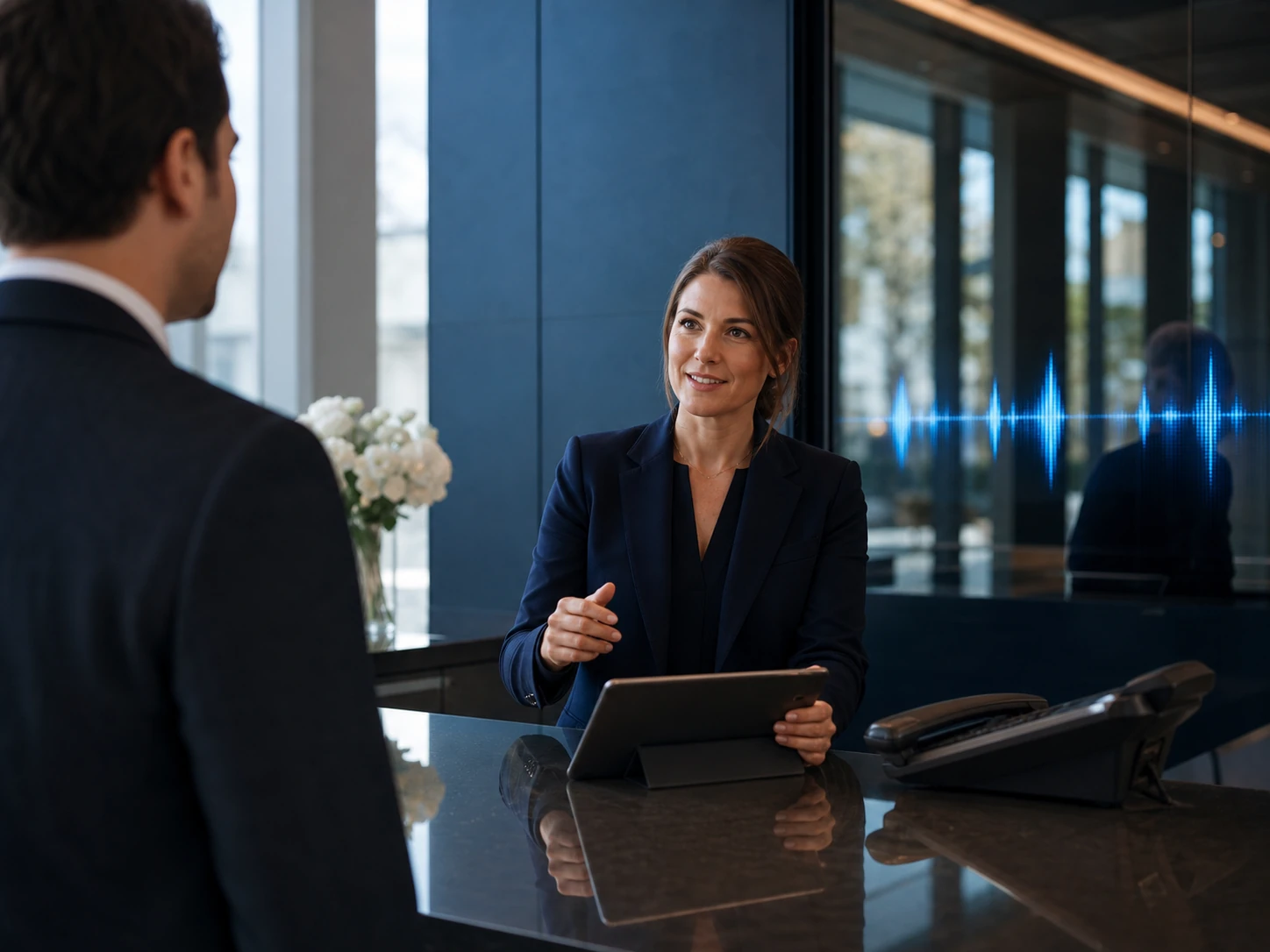 A professional receptionist assisting a visitor with AI-supported voice service