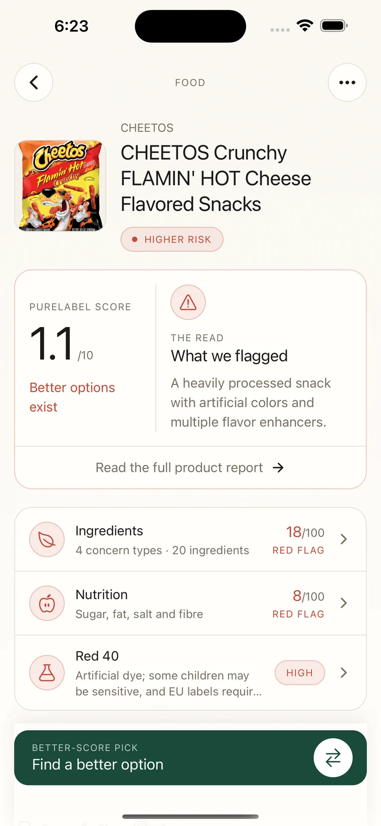 PureLabel product result explaining a low food score and ingredients that deserve attention