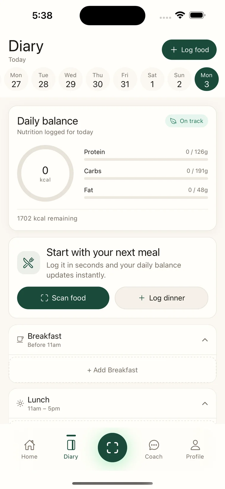 PureLabel food diary showing daily calories, nutrition, water, and meals