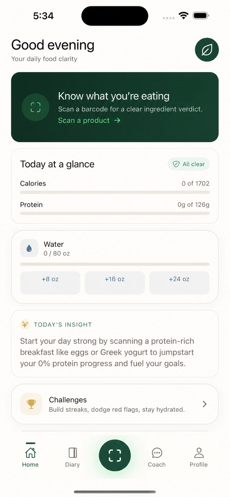PureLabel home dashboard with scanning, nutrition, hydration, and habit tracking